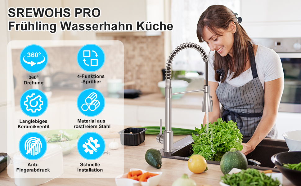 Кухонний змішувач SREWOHS PRO з висувним виливом, поворотний на 360°, 4 функції, з ABS-насадкою для кухонної мийки, проста установка