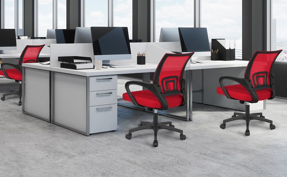 Офісне крісло Yaheetech ергономічне з сітчастою спинкою та підлокітниками, поворотне, для начальника, з функцією гойдання, регульоване по висоті, до 136 кг, червоне