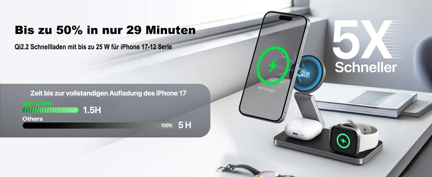 Бездротова зарядна станція 3-в-1 з Qi2.2 25W для Apple Watch та iPhone (MagSafe) + адаптер 35W, чорна
