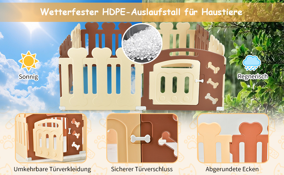 Вольєр для собак COSTWAY з 8 панелей, 60 см, з дверцятами, для дому та саду, HDPE пластик, бежевий + коричневий