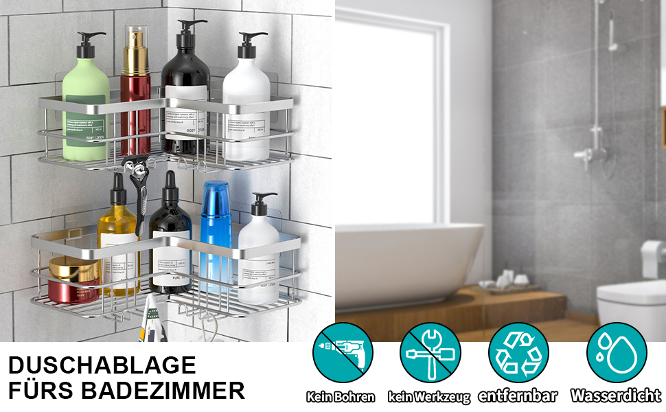 Дзеркальна поличка для душу Yazoni без свердління (2 шт.) - кутова поличка з гачками, нержавіюча сталь, срібна