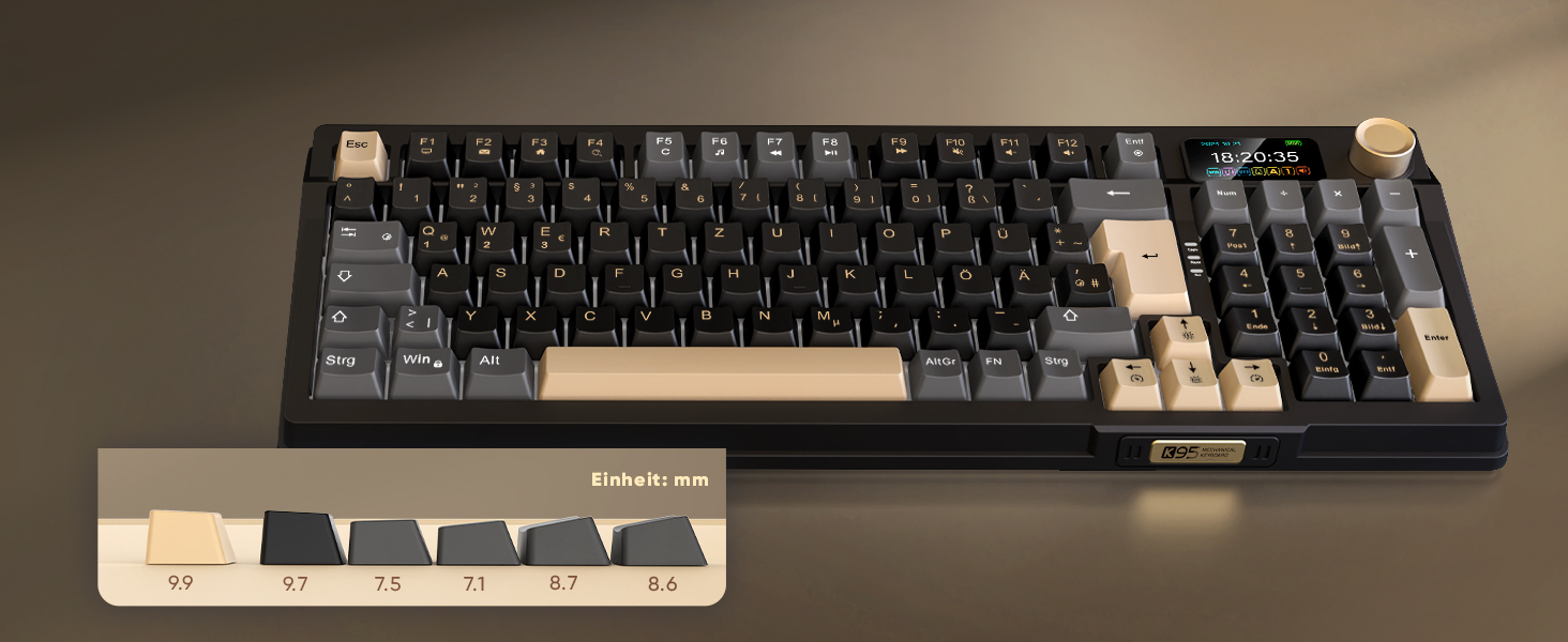 RedThunder K95 Бездротова Механічна Ігрова Клавіатура з Дисплеєм 1,88” та Кнопкою, QWERTZ, 96 Клавіш, Gasket, BT/USB-C/2.4GHz, Hot-swap, Лінійні Pink-світчі, RGB, PBT-клавіші, 8000mAh, Чорно-золота