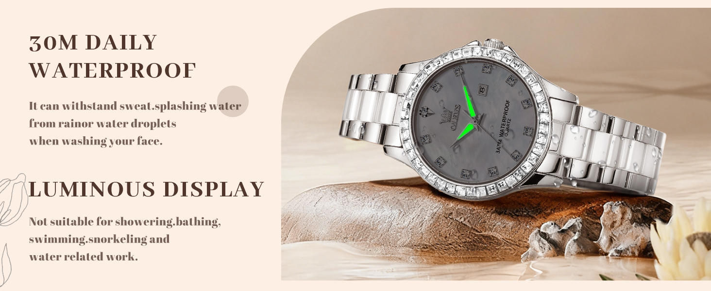 Годинник жіночий OLEVS з діамантами, елегантний, розкішний, на рожевому ремінці з керамічним склом (3651 Roségold)