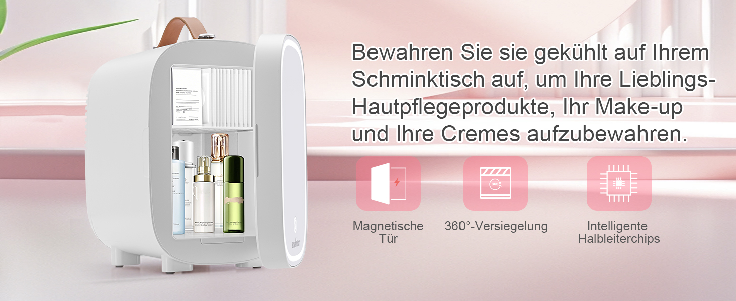 Mini-холодильник Enventor на 6 банок: косметичний холодильник з регульованим LED-дзеркалом, AC+12V DC, охолоджувач та нагрівач для спальні, дому, авто/догляду за шкірою та харчовими продуктами (білий, 4L)