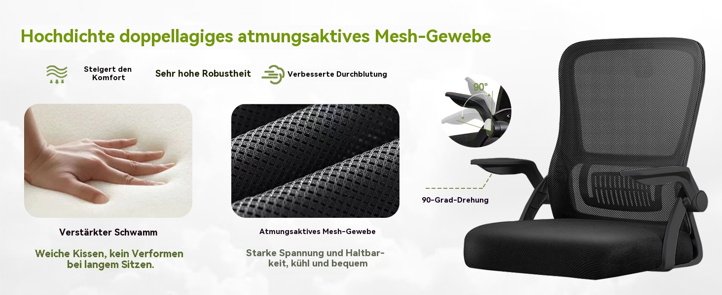Ергономічне крісло для офісу з підйомними підлокітниками та підтримкою попереку, сітчаста спинка для комп'ютера - Homeoffice (Чорний та Білий), середній розмір