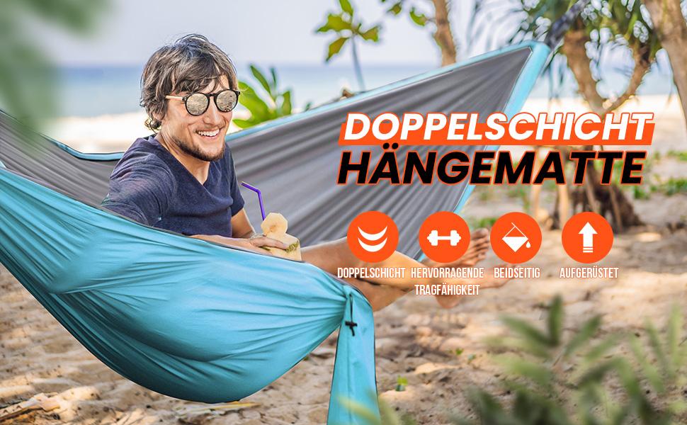 Гамак Overmont двошаровий, сертифікований TÜV, 400 кг, 280 x 185 см, нейлон, для кемпінгу та відпочинку на природі (блакитний, світло-сірий)