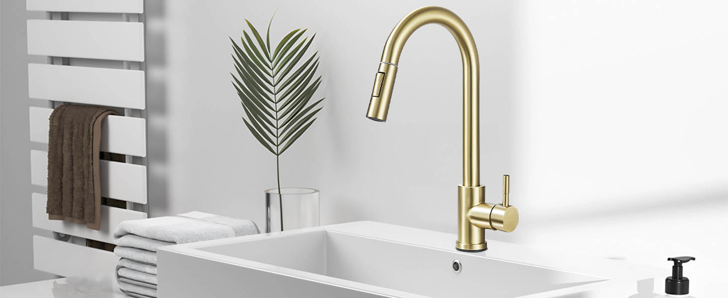 Кухонний змішувач з двома виливами, поворотний на 360°, з високим виливом та спіральною голкою, з нержавіючої сталі (золотий)