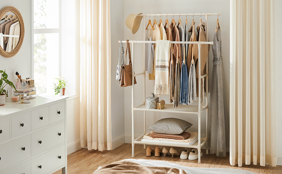 SONGMICS Дзеркало-вішалка для одягу металева, біла, 2 перекладини, 2 полиці, до 70 кг, проста збірка RDR02WT