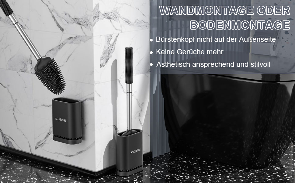 Набір для чищення унітазу ASOBEAGE: силіконова щітка, нержавіюча сталь, кріплення на стіну, швидковисихаючий тримач (Чорний)