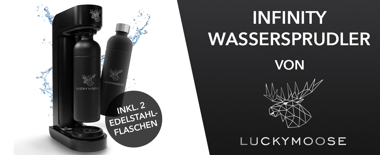 Газова машина Infinity з 2 пляшками по 1,25 л з нержавіючої сталі - економія до 25% CO2 завдяки автоматичній зупинці, пляшки придатні для миття в посудомийній машині та без терміну придатності. Чорний колір.