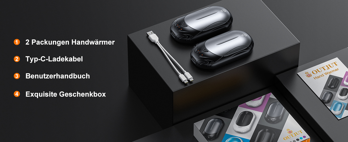 Електричний грілка для рук 2-в-1 OUTJUT 6000mAh з USB, акумулятор 20 годин, 3 режими нагріву, швидкий нагрів, для зимових видів спорту та відпочинку на природі, подарунок на Новий рік (сірий та чорний)