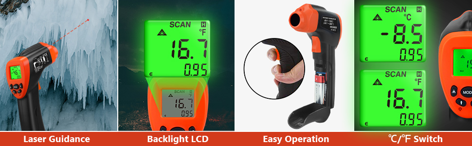 Інфрачервоний термометр 30:1 з лазером та додатком, IR термометр -50℃-1600℃, 8-14μm, безконтактний, Max/Min/Avg/DIF (980G)