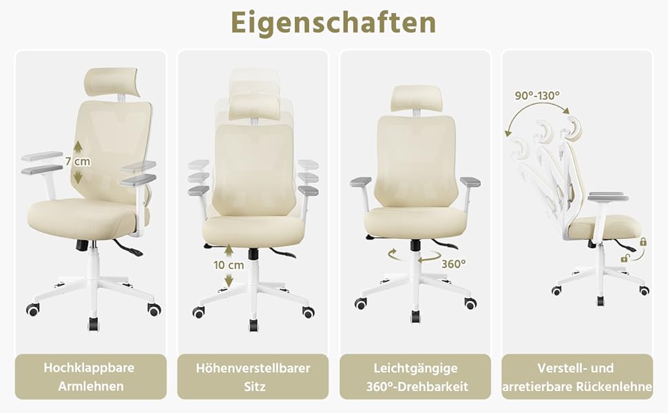 Офісне крісло Yaheetech з регульованою підголівником та підтримкою попереку, дихаюча сітчаста спинка, широке сидіння, S-подібна спинка, поворотне на 360°, бежеве