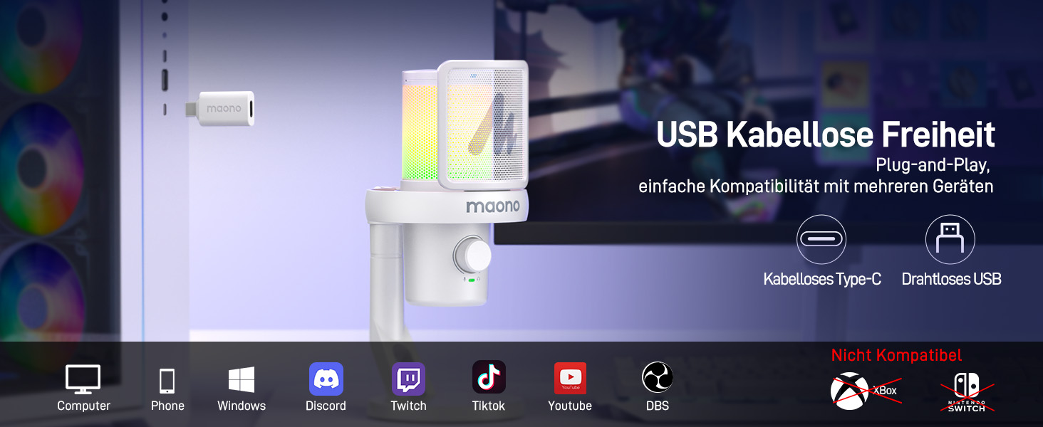 MAONO DM40 Бездротовий мікрофон для ПК з RGB підсвічуванням та ШІ-зміною голосу, 3-рівнева шумозаглушення, для геймінгу, подкастингу та стрімінгу