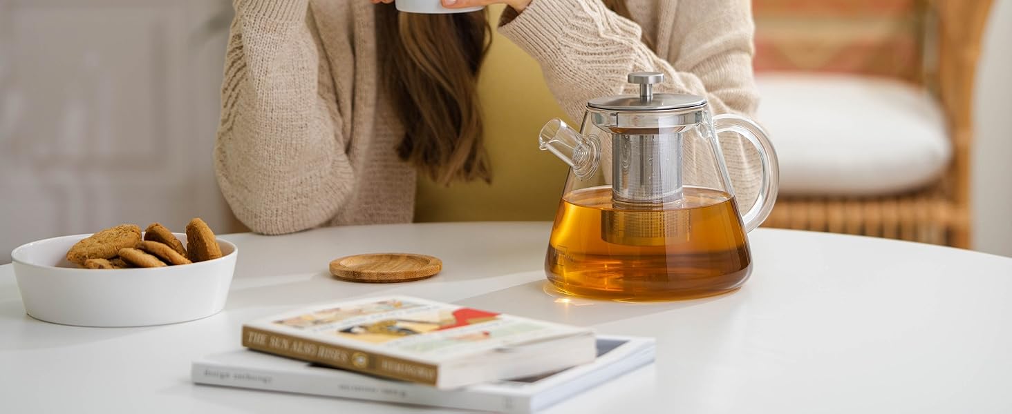 Teapot Glass 1.5 Liter - with infuser insert & lid - Infuser for hot drinks & cold brew tea - Ideal for hotplates (Teapot Glass 1.5l + Hotplate)