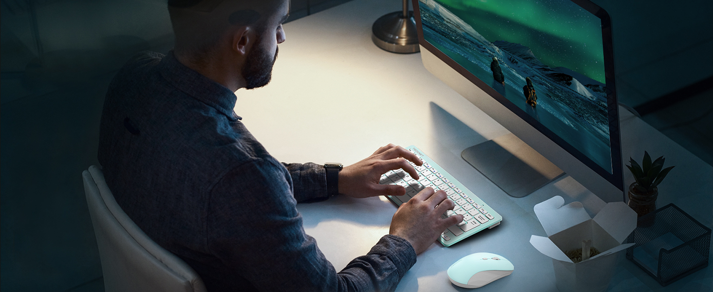 Бездротова клавіатура та миша TECKNET QWERTZ, 2.4 GHz, 15м, тиха, для ПК, ноутбука, Smart TV, білий (зелений)