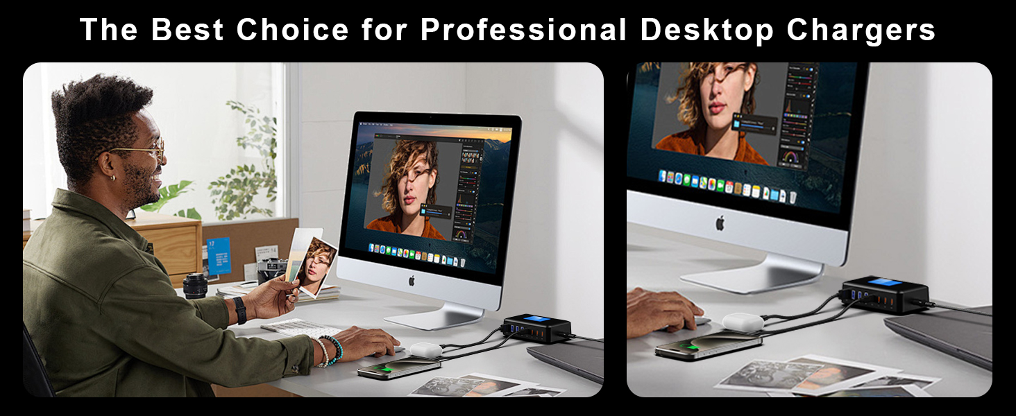 Зарядний пристрій RENGOGA 200W USB-C GaN 8 портів з LED дисплеєм для MacBook, iPad, iPhone, Samsung Galaxy - чорний