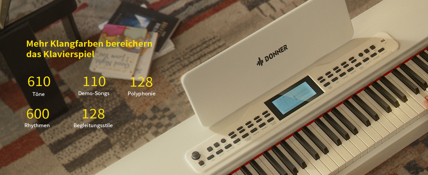 Цифрове піаніно Donner DDP-95 для початківців з 88 важними клавішами, бездротове підключення, LCD дисплей, 610 тембрів, 600 ритмів, 3 навчальні режими, біле