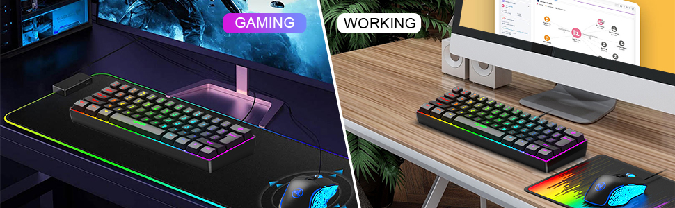 Ігровий комплект клавіатури та миші HXSJ V700: компактна клавіатура TKL з RGB-підсвічуванням та оптична миша з 7 кнопками (до 3600 DPI) для PC та Mac, чорний колір