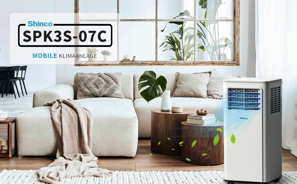 Мобільний кондиціонер SHINCO 3,5kW (7000BTU) з випускним шлангом, охолодження, вентиляція, осушення, для приміщень до 90м³, білий