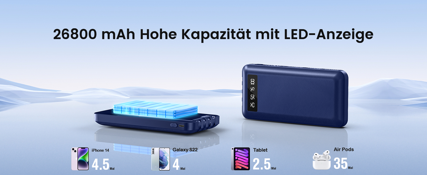 Powerbank 26800mAh з 4 вбудованими кабелями, 22.5W, LED дисплеєм та підставкою, блакитний. Сумісний з iPhone, iPad, Samsung Galaxy.