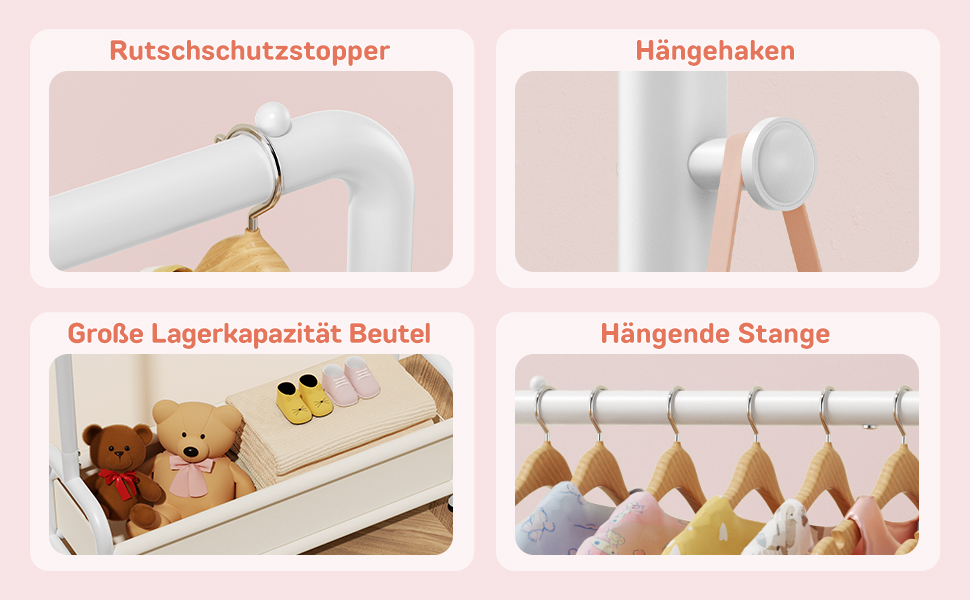 Дитяча вішалка для одягу Kinder Garderobe 80x30x125 см, біла. З гачками та кошиком для зберігання, U-подібна основа.