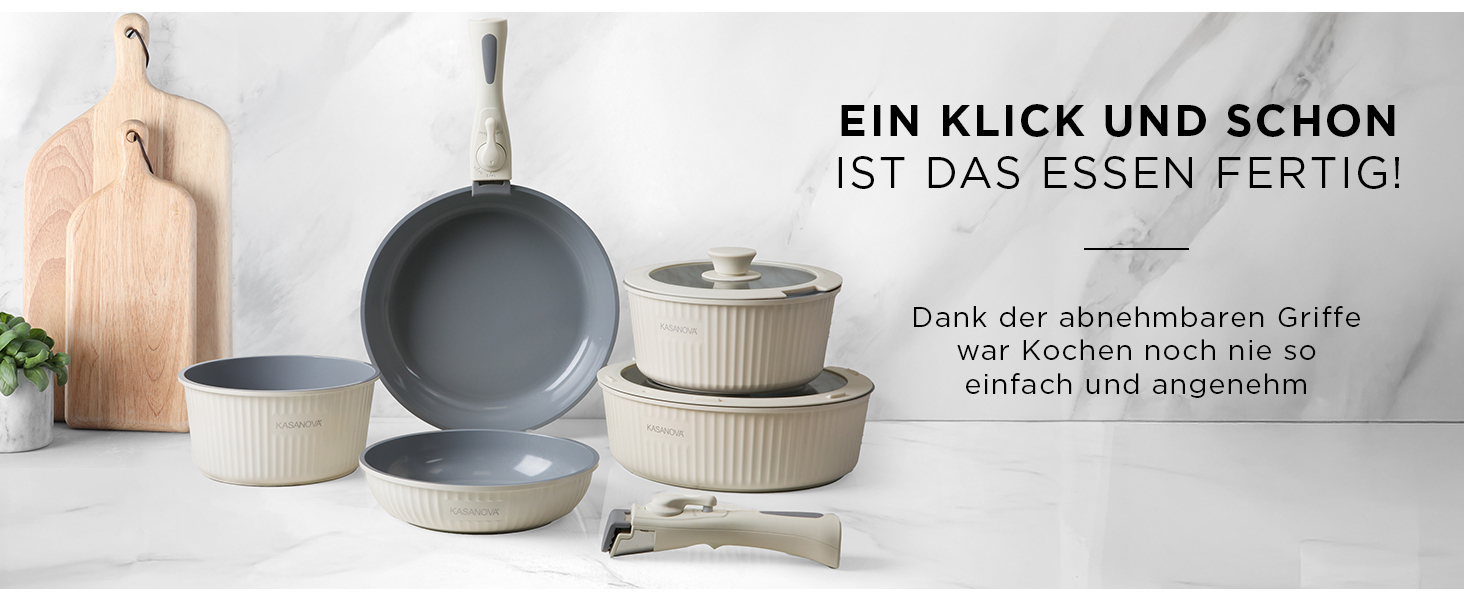 Набір каструль Kasanova Eaziclip 9 шт. з керамічним покриттям, індукційні, знімні ручки, антипригарні, рожевий