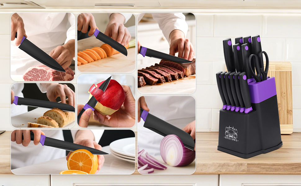 Набір кухонних ножів FIVE COWS з 14 предметів: професійний набір ножів для дому з самозаточуванням, включає ніж для стейка та ножиці, покриття захищає від окислення (фіолетовий)