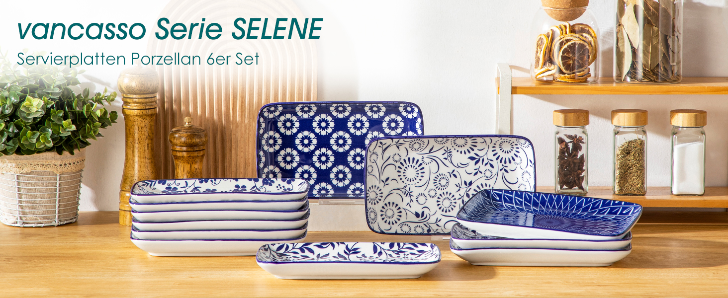 Набір сервірувальних тарілок Vancasso Selene (6 шт.) - великі, прямокутні, порцелянові, для свят, сніданків, фуршетів, сирної тарілки, мікрохвильова піч та посудомийна машина, блакитно-білий колір