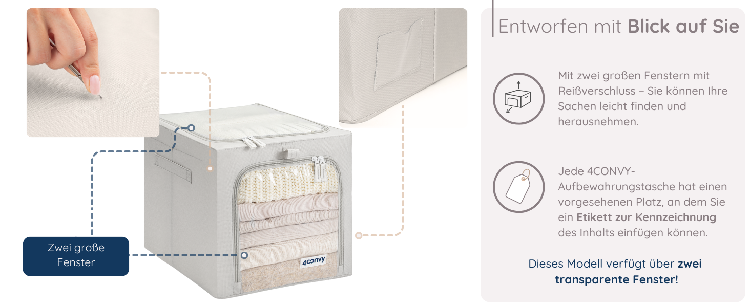 Складана коробка для зберігання одягу 4CONVY з блискавкою та металевим каркасом (3x40л, сірий, 2 вікна) - покращене матеріали 2024 року