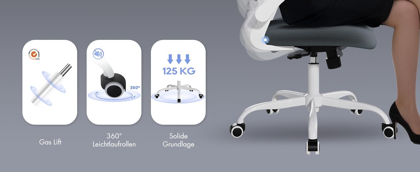 Офісне крісло Colamy з ергономічною підтримкою спини, регульованою підголівником та поперековою підтримкою, сітчасте, сірого кольору