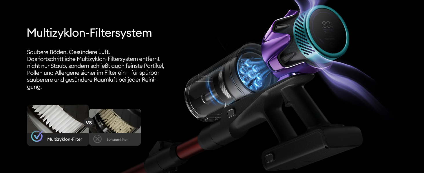 Бездротовий акумуляторний пилосос Ultenic 55000Pa/600W, 80хв, 1.6л, з Multi-Циклон фільтрацією, сенсорним екраном, антизаплутана щітка, док-станція, для шерсті тварин/килимів/твердих підлог, червоний