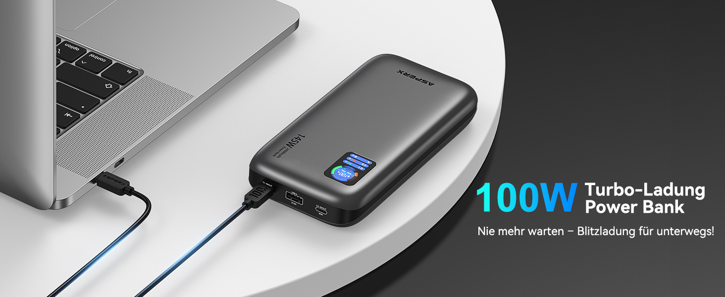 Power Bank AsperX 100W 24000mAh з LED-дисплеєм для ноутбуків, телефонів (iPhone 16/15/14 Pro), MacBook, iPad, Tablet, Steam Deck (сірий)