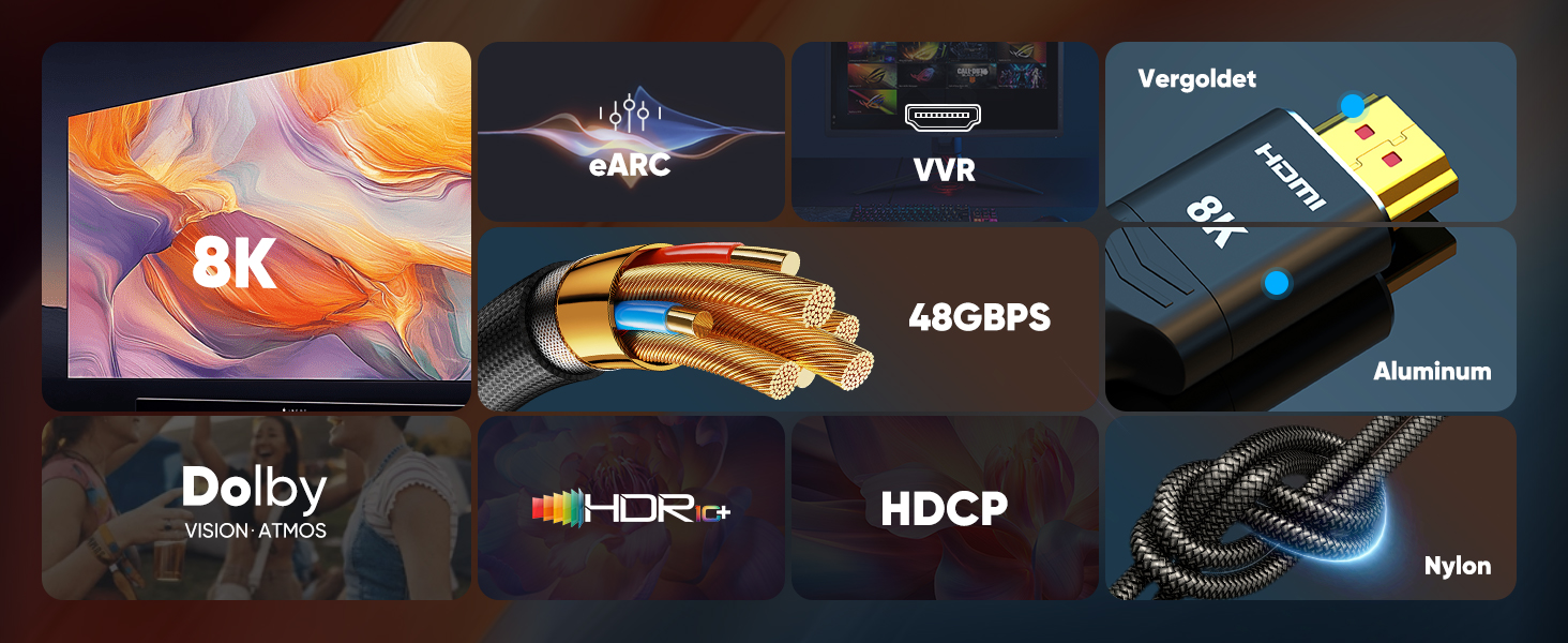 HDMI 2.1 кабель Highwings 3 метри: сертифікований, 8K/10K, 48Gbps, Ultra Highspeed, eARC, HDCP 2.2/2.3, DTS:X, HDR, сумісний з саундбаром, HDTV, монітором
