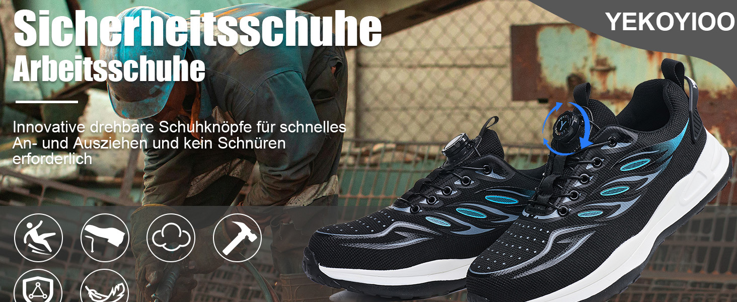 Робочі черевики: безпекові черевики для чоловіків та жінок, легкі, спортивні, дихаючі, зі сталевим підноском, унісекс, розміри 36-46 EU (42 EU, синій, на кнопці)