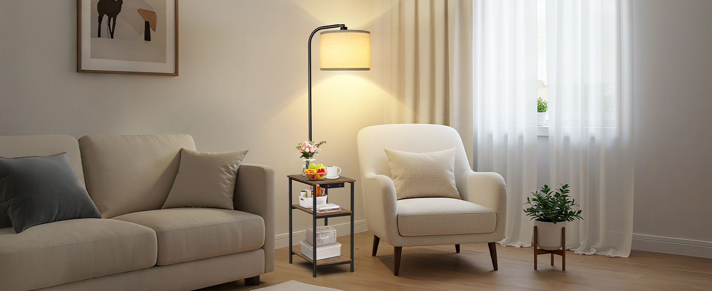 Стійка лампа для вітальні з поличкою та столом, регульована LED лампа з пультом, 3 колірні температури, приліжний столик з функцією зарядки та полицею, дерев'яний столик для спальні, офісу, коричневий в стилі рустік
