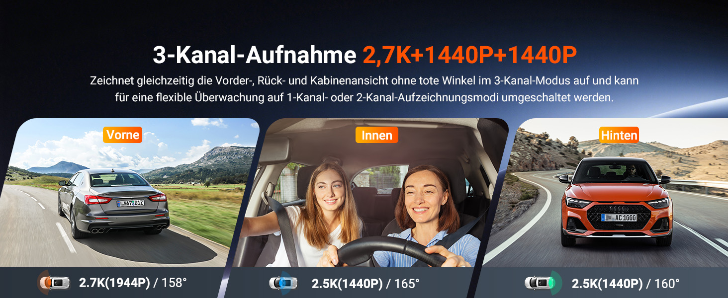 Автомобільний відеореєстратор VANTRUE N4S 3-канальний (2.7K+2.5K+1440P), STARVIS 2 HDR, нічна зйомка, 5GHz Wi-Fi, GPS, 24г паркування, G-сенсор, підтримка 1ТБ, для авто