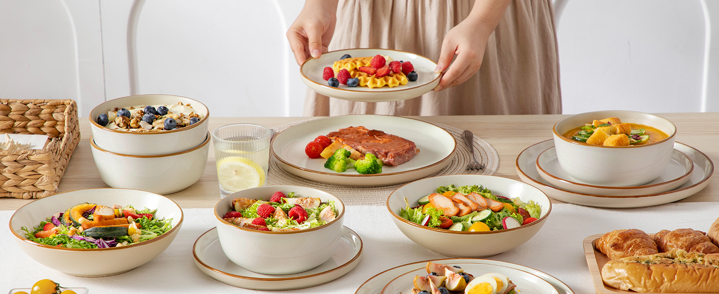 Набір посуду на 6 осіб Vancasso RENO 24 шт. з каменю, сучасний сервіз: тарілки для їжі, супу, десерту, миски. Підходить для миття в посудомийній машині та для використання в мікрохвильовій печі (Бежевий)