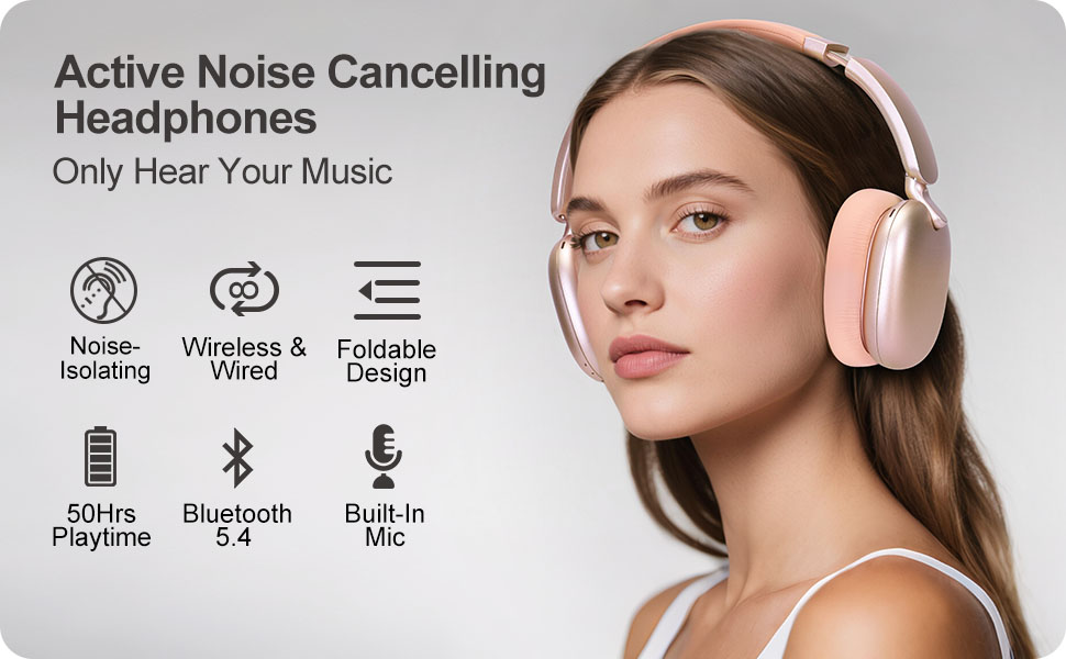 Бездротові накладні навушники C6 з активним шумозаглушенням (ANC), Bluetooth, 60 годин роботи, глибокий бас, мікрофон, складані, Rose Gold