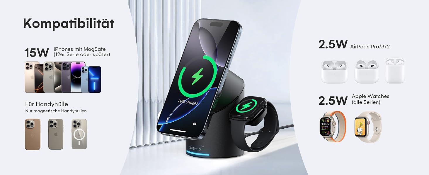 Зарядний пристрій 3-в-1 ZEEHOO MagSafe для Apple: QI2 бездротова зарядка 15W для Apple Watch, iPhone, AirPods (з адаптером 30W) - Чорний