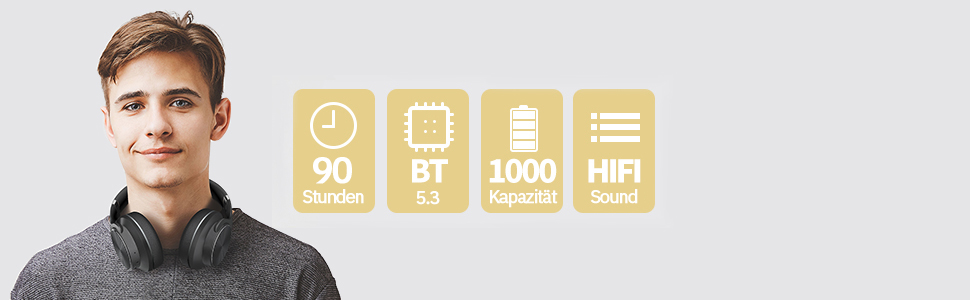 Навушники Bluetooth DOQAUS Over-Ear, 90 годин роботи, бездротові, з 3 EQ-режимами, HiFi стерео, складні, з мікрофоном, м'які амбушюри, для телефонів/подорожей/офісу/ноутбуків/ПК - Чорний