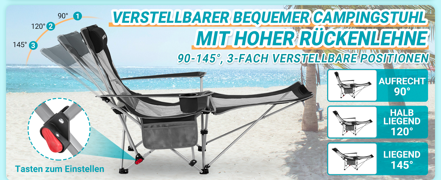 Кемпінговий стілець-шезлонг WEJOY 2-в-1: складаний стілець для пляжу та відпочинку з регульованою спинкою, підставкою для ніг, тримачем для напоїв, сірий/блакитний