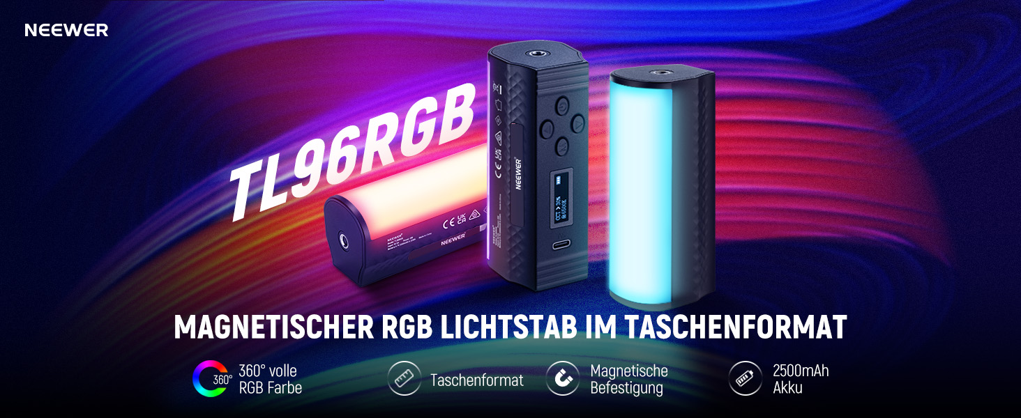 NEEWER світловий стержень з магнітним основанням та штативом, RGB LED відеоліхтар, 2500mAh, 2500-8500K, для фото- та відеозйомки, TL96RGB