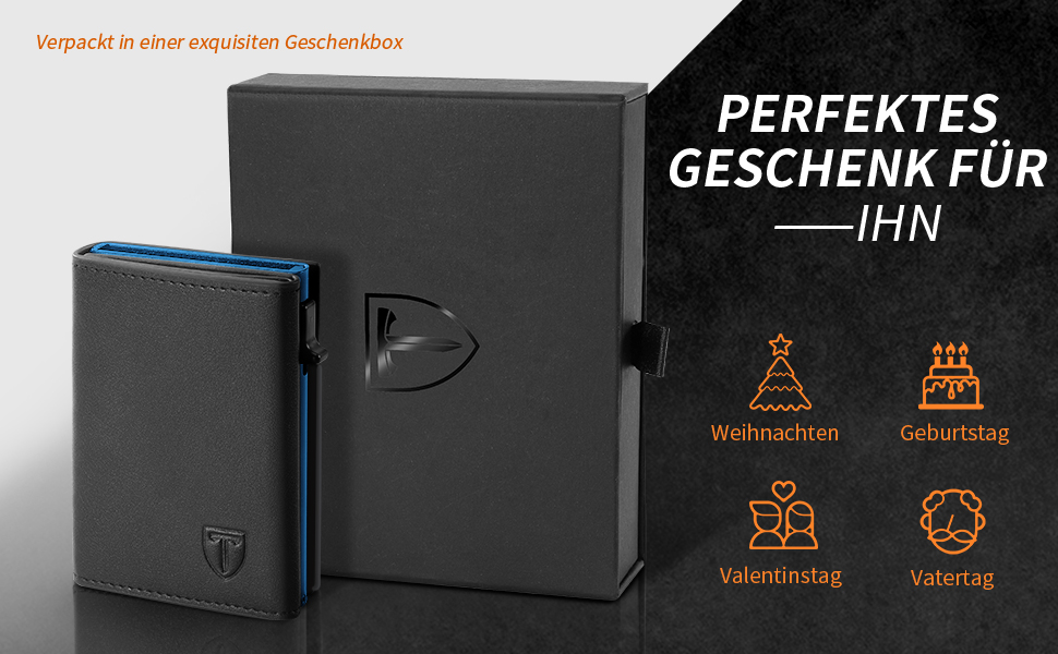 Чоловічий шкіряний гаманець TENBST з RFID захистом, 8 відділень для карток, відділення для монет (Блакитний)