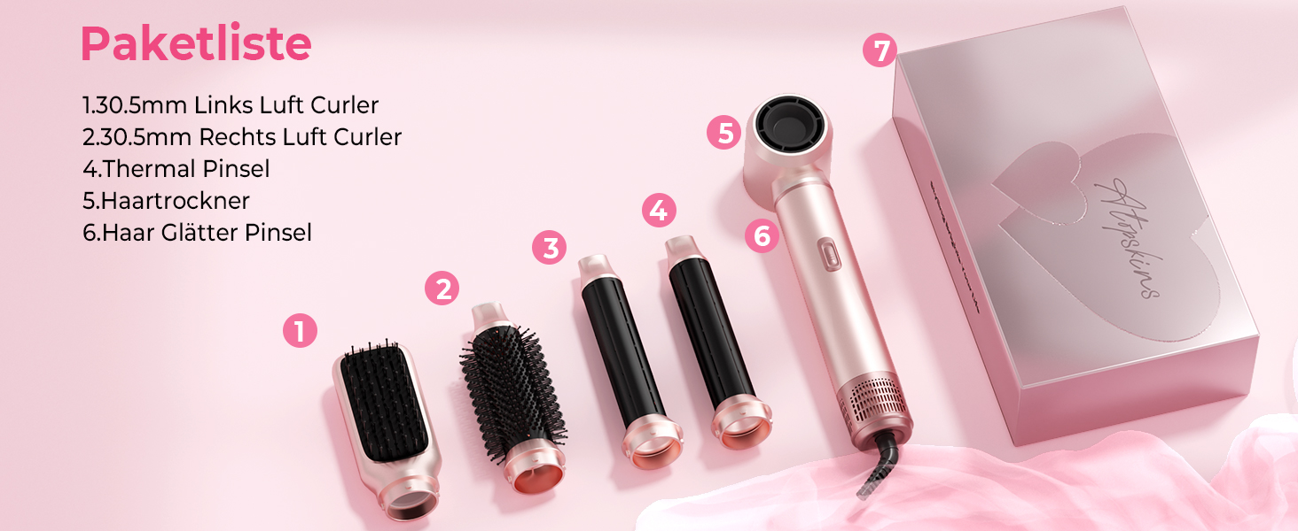 Мультистайлер для волосся 5 в 1 Atopskins Air Styler 1000W: фен-щітка, вирівнювач та плойка для сушіння, завивки та гладкого волосся, колір Creamrosa