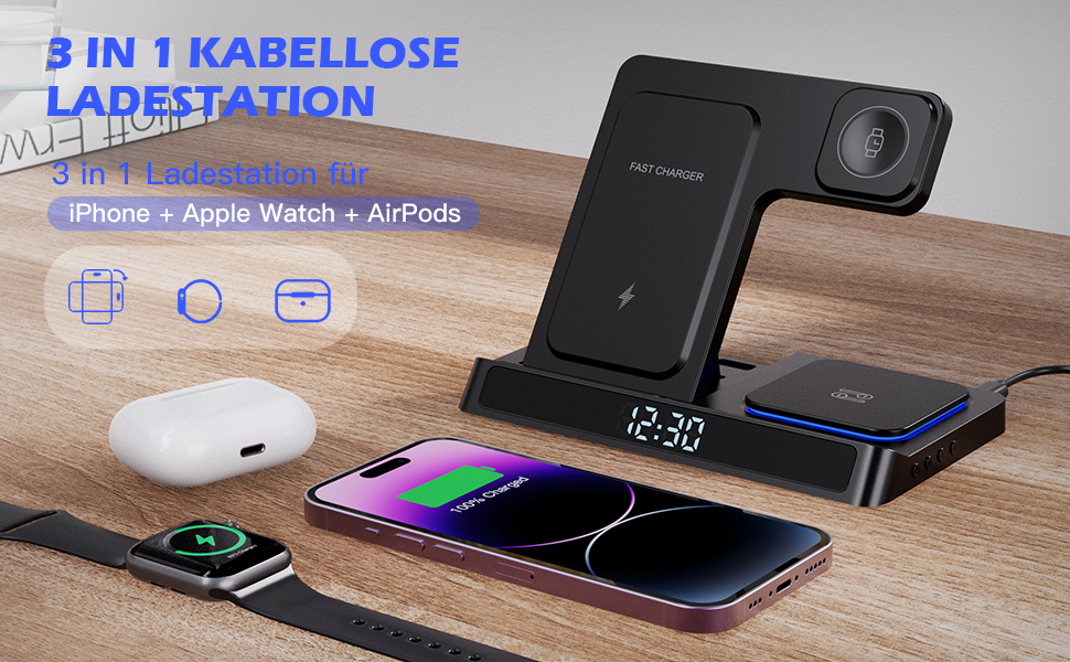 База зарядки 4-в-1 для iPhone та Apple Watch: бездротова зарядка 15W, складна, індуктивна, сумісна з iPhone 16/15/14/13/12/11 Pro SE X XS XR та Apple Watch 9/8/7/6/SE/5/4/3/2, AirPods Pro