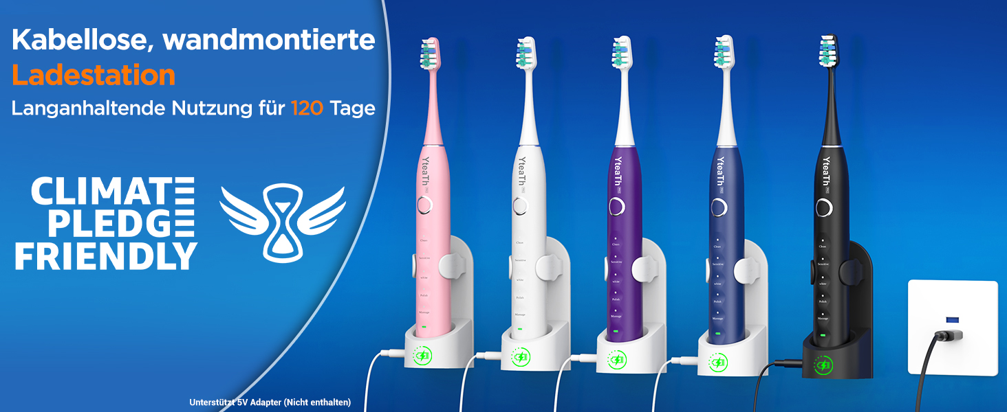 Електрична зубна щітка зі звуковими вібраціями, 8 насадок, 5 режимів, таймер, 120 днів роботи від акумулятора, для дорослих, синього кольору