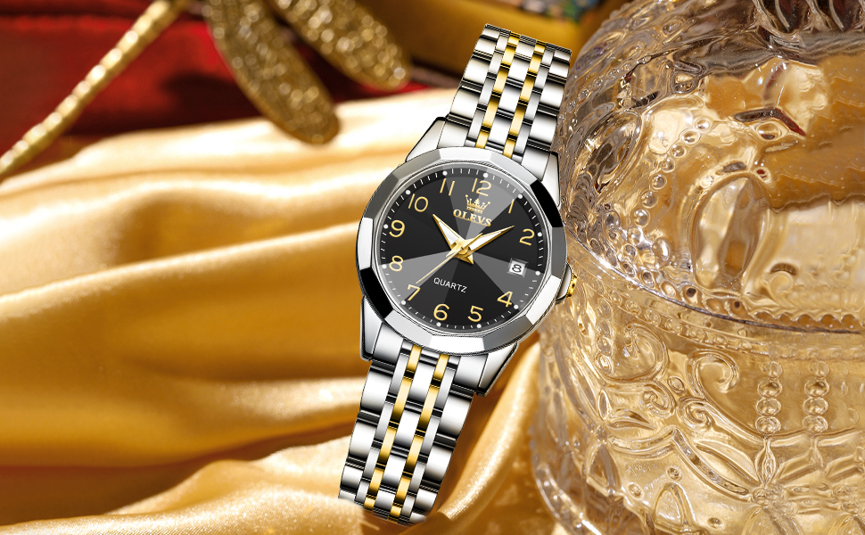 Годинник жіночий OLEVS з нержавіючої сталі, кварцовий, з датою, водонепроникний, чорний циферблат, двоколірний браслет