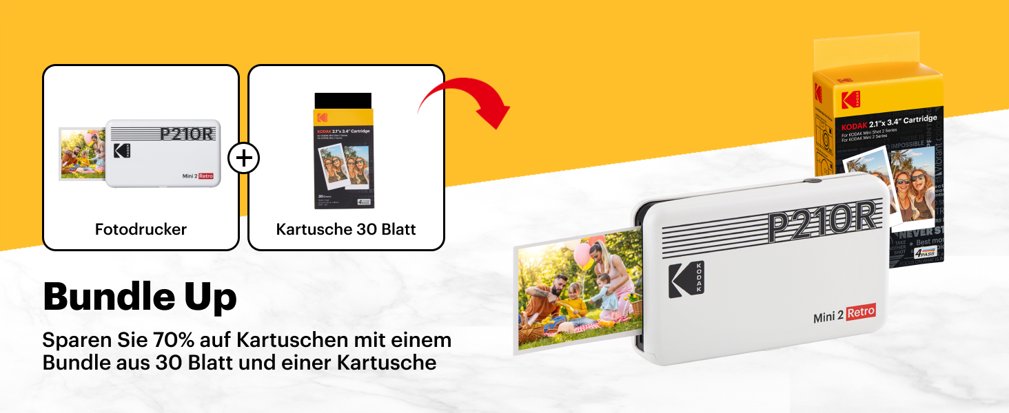 KODAK Mini 2 Retro: Портативний фотопринтер для смартфонів з Bluetooth, 54x86 мм, комплект з папером (38+68 аркушів)