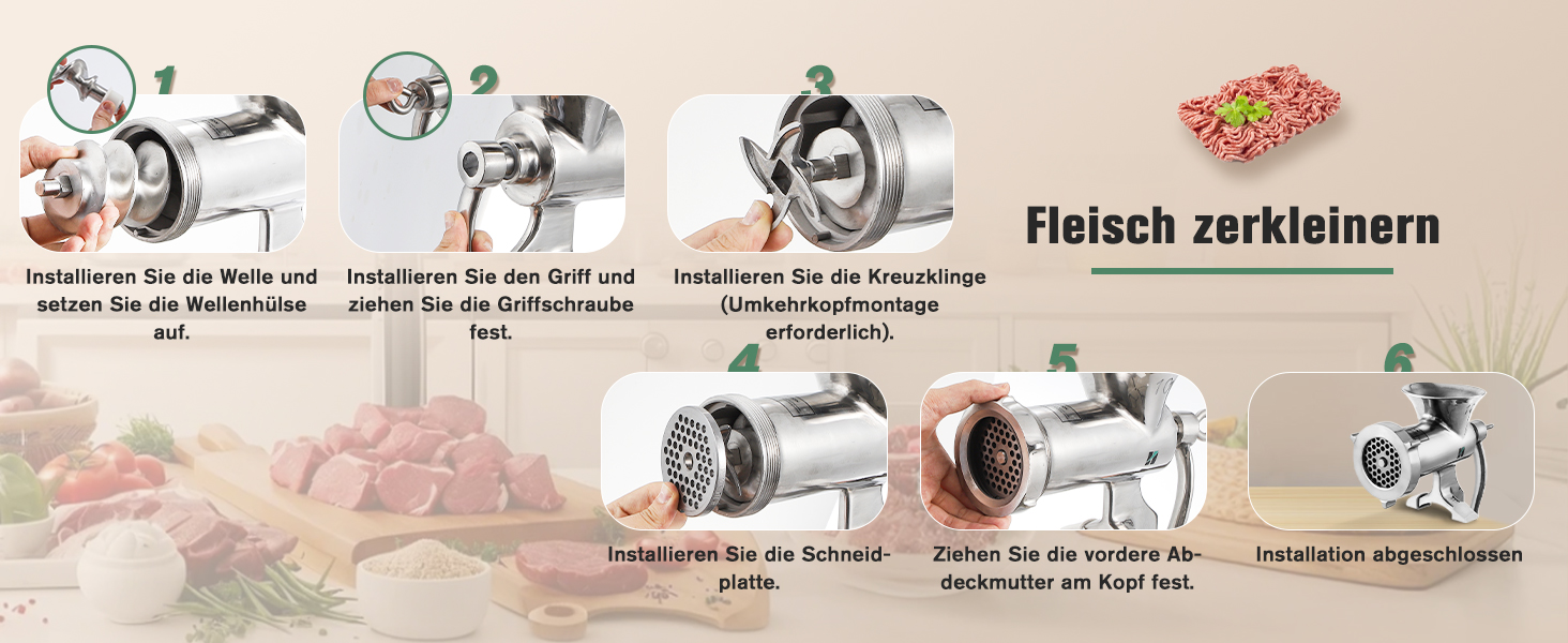 М'ясорубка ручна Huanyu з нержавіючої сталі, насадки для ковбас та печива, миється в посудомийній машині (№8, №10)